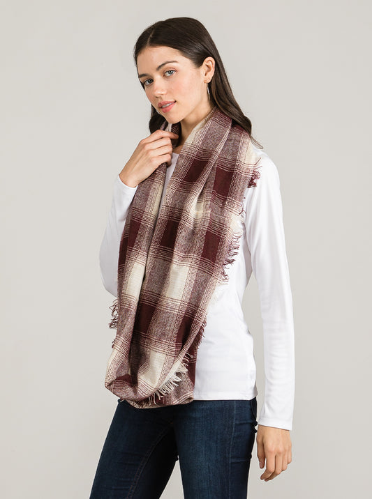 Two-Tone Checkered Plaid Double Loop Infinity Scarf With Fringe