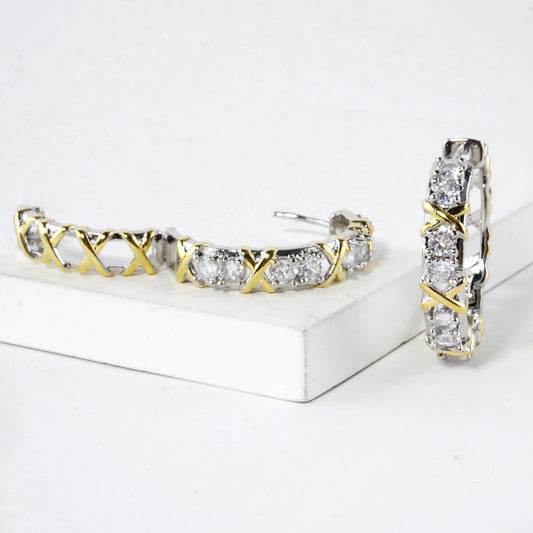 Two-Tone Crisscross Cubic Zirconia X Hoop Earrings