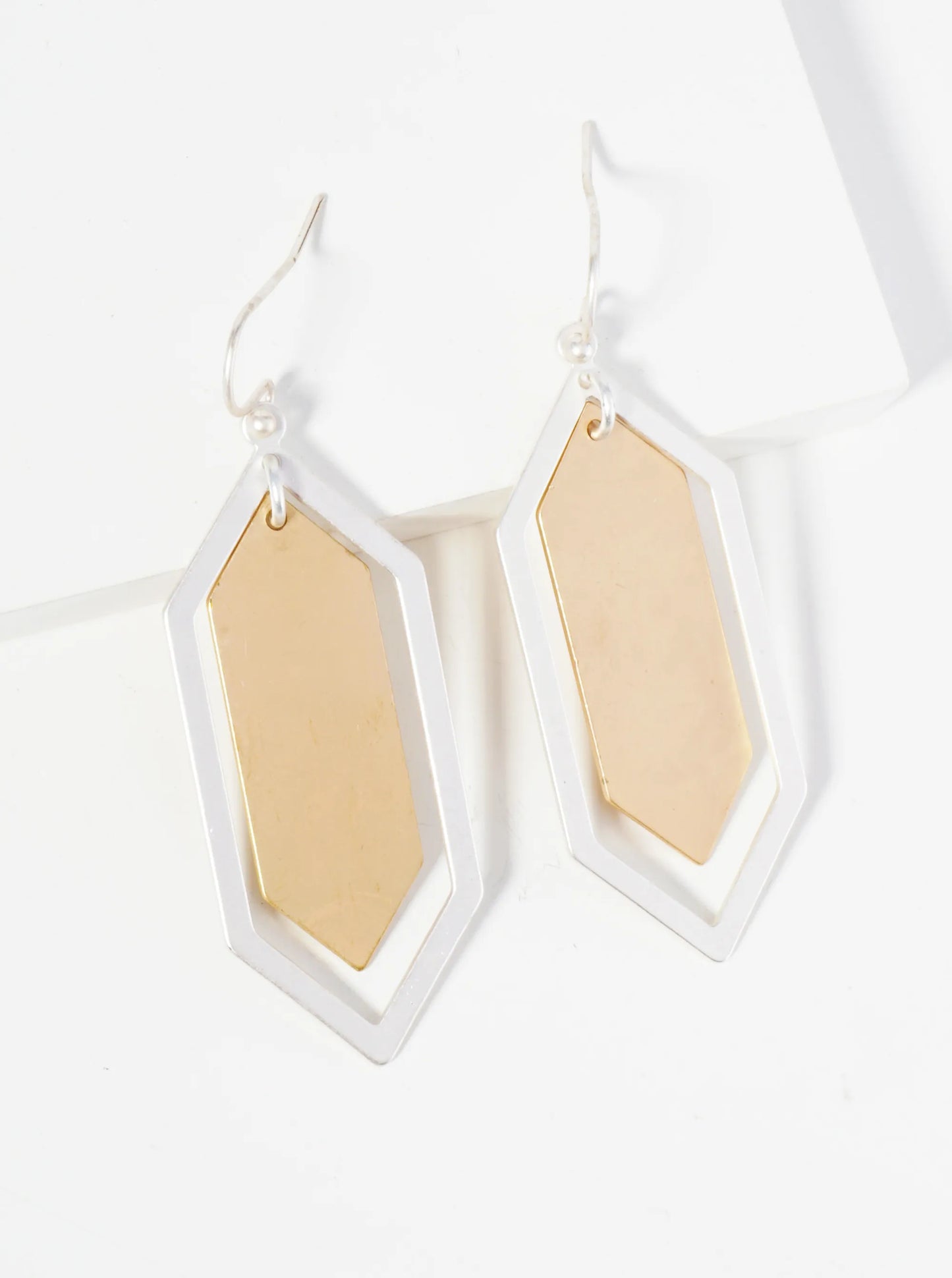 Two-Tone Double Flat Long Hexagon Drop Dangle Earrings