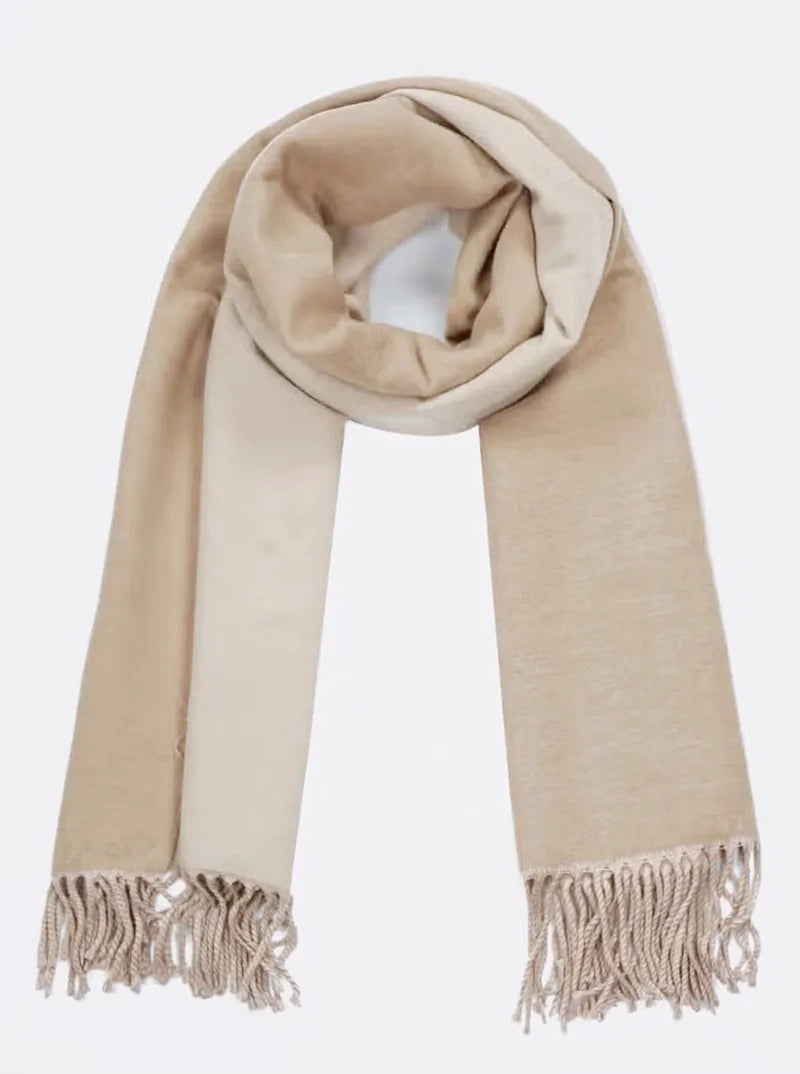 Two-Tone Double Sided Wrap Around Oblong Scarf With Fringe