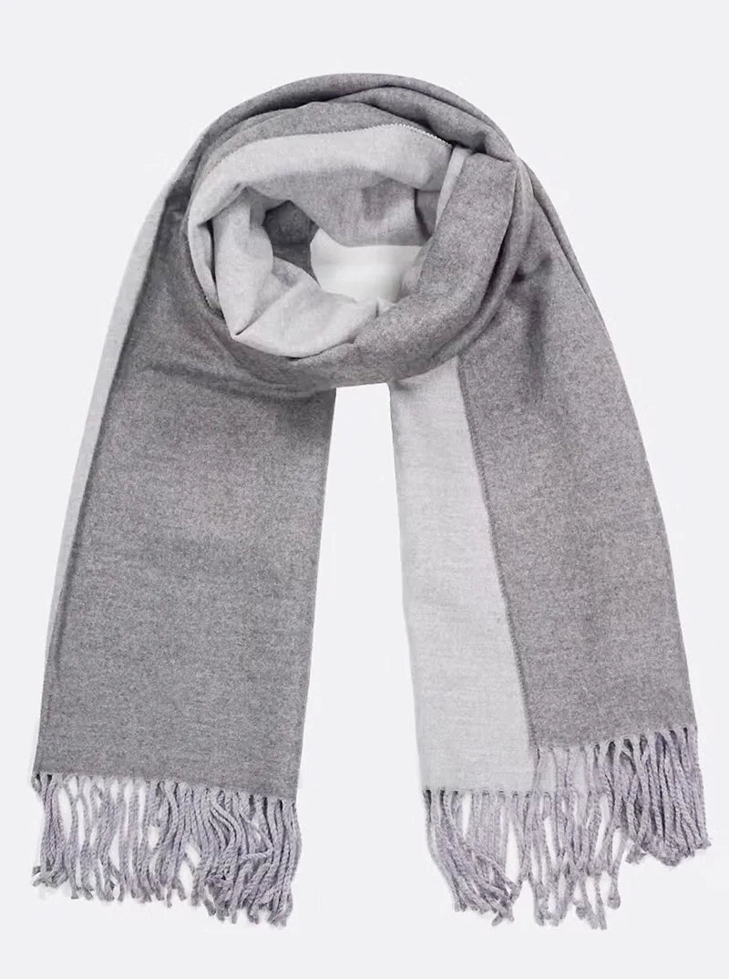 Two-Tone Double Sided Wrap Around Oblong Scarf With Fringe