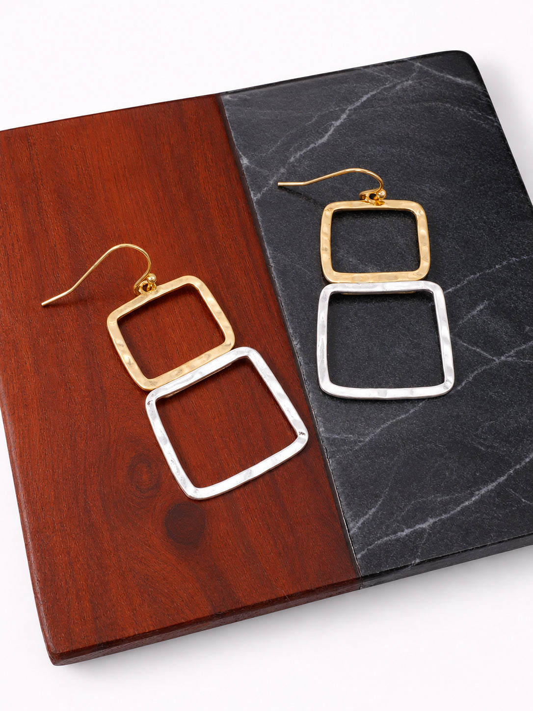 Two-Tone Geometric Square Dangle Earrings