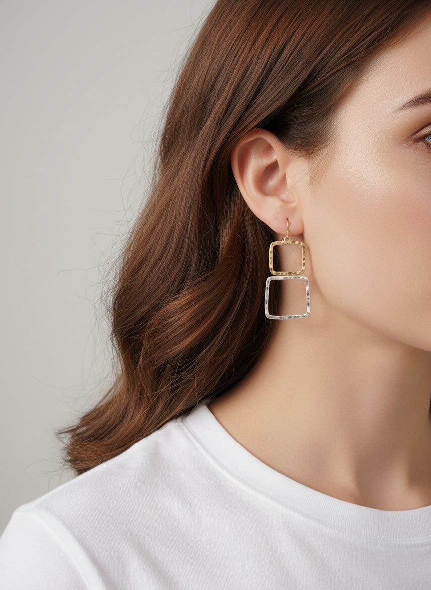 Two-Tone Geometric Square Dangle Earrings