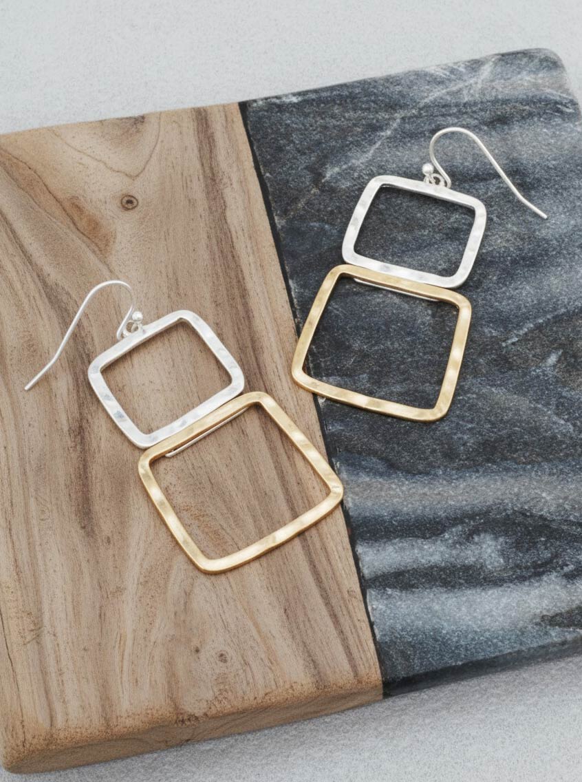 Two-Tone Geometric Square Dangle Earrings