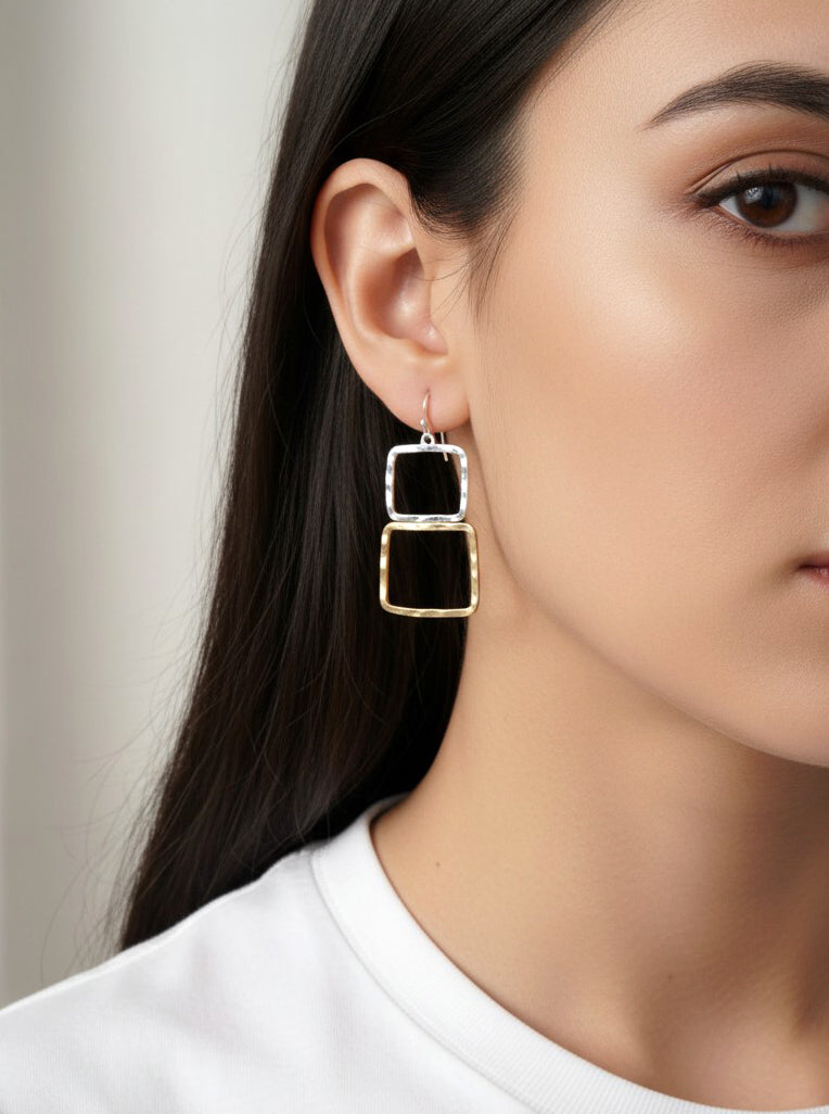 Two-Tone Geometric Square Dangle Earrings