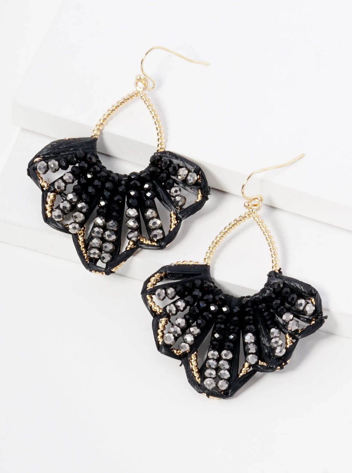 Two-Tone Glass Beaded Raffia Wrapped Dangle Earrings