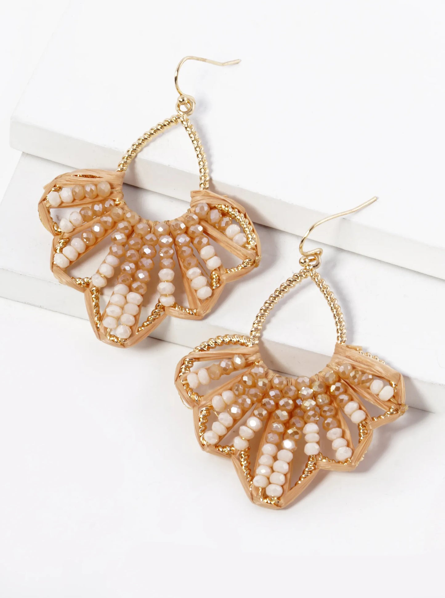 Two-Tone Glass Beaded Raffia Wrapped Dangle Earrings