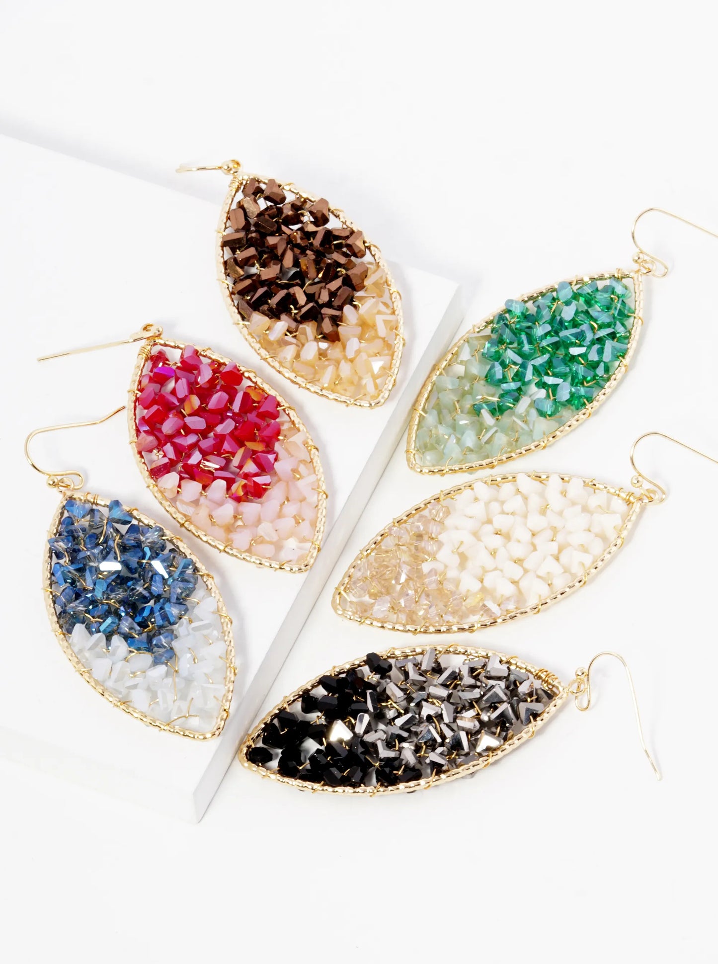 Two-Tone Glass Beads Wire Wrapped Marquise Dangle Drop Earrings