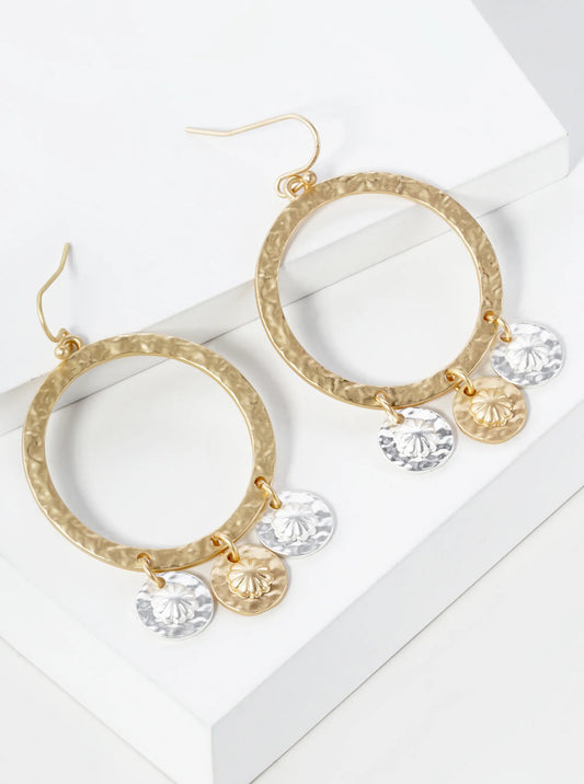 Two-Tone Hammered Circle Dangle Drop Earrings With Disc Charms