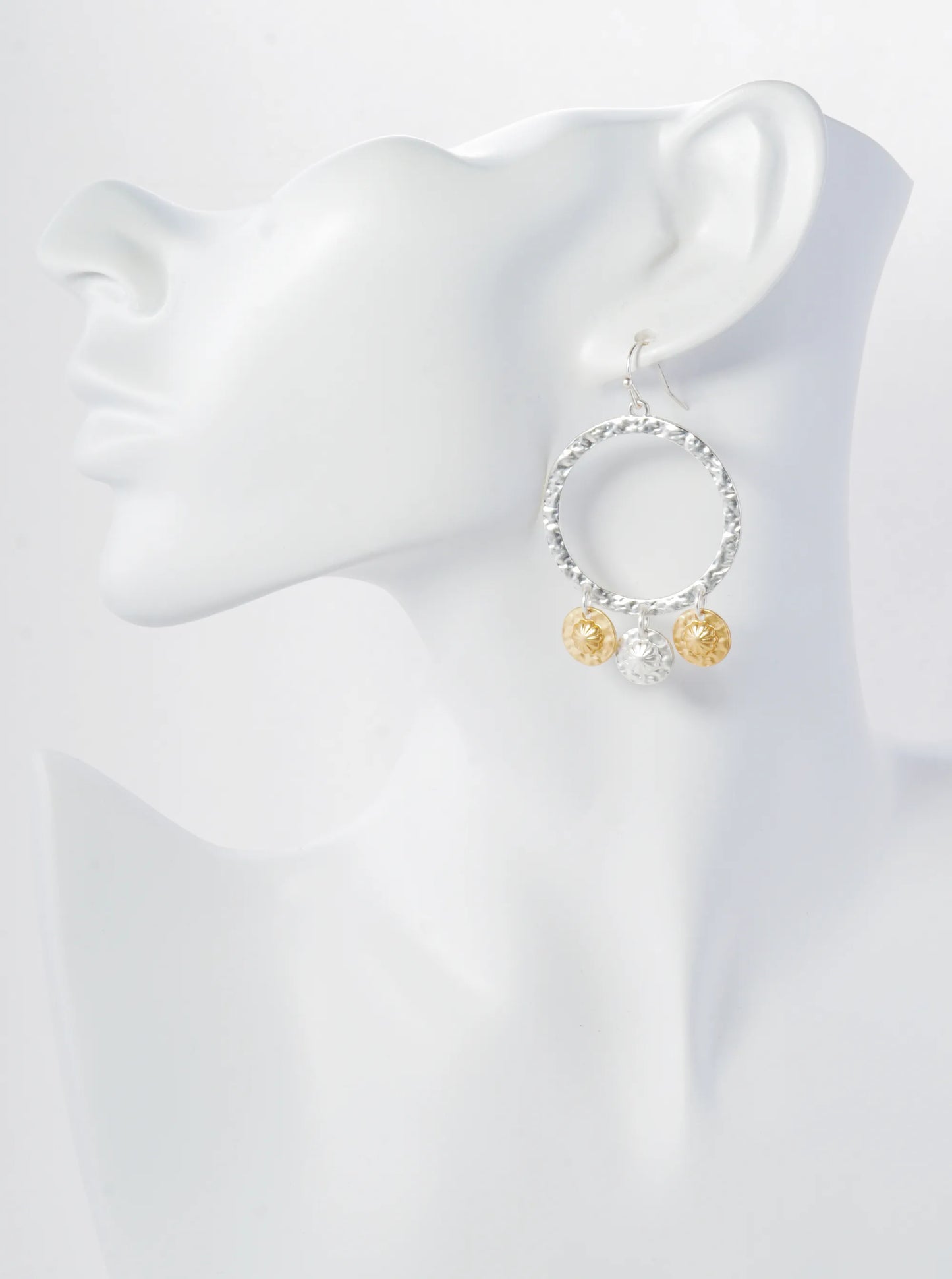 Two-Tone Hammered Circle Dangle Drop Earrings With Disc Charms