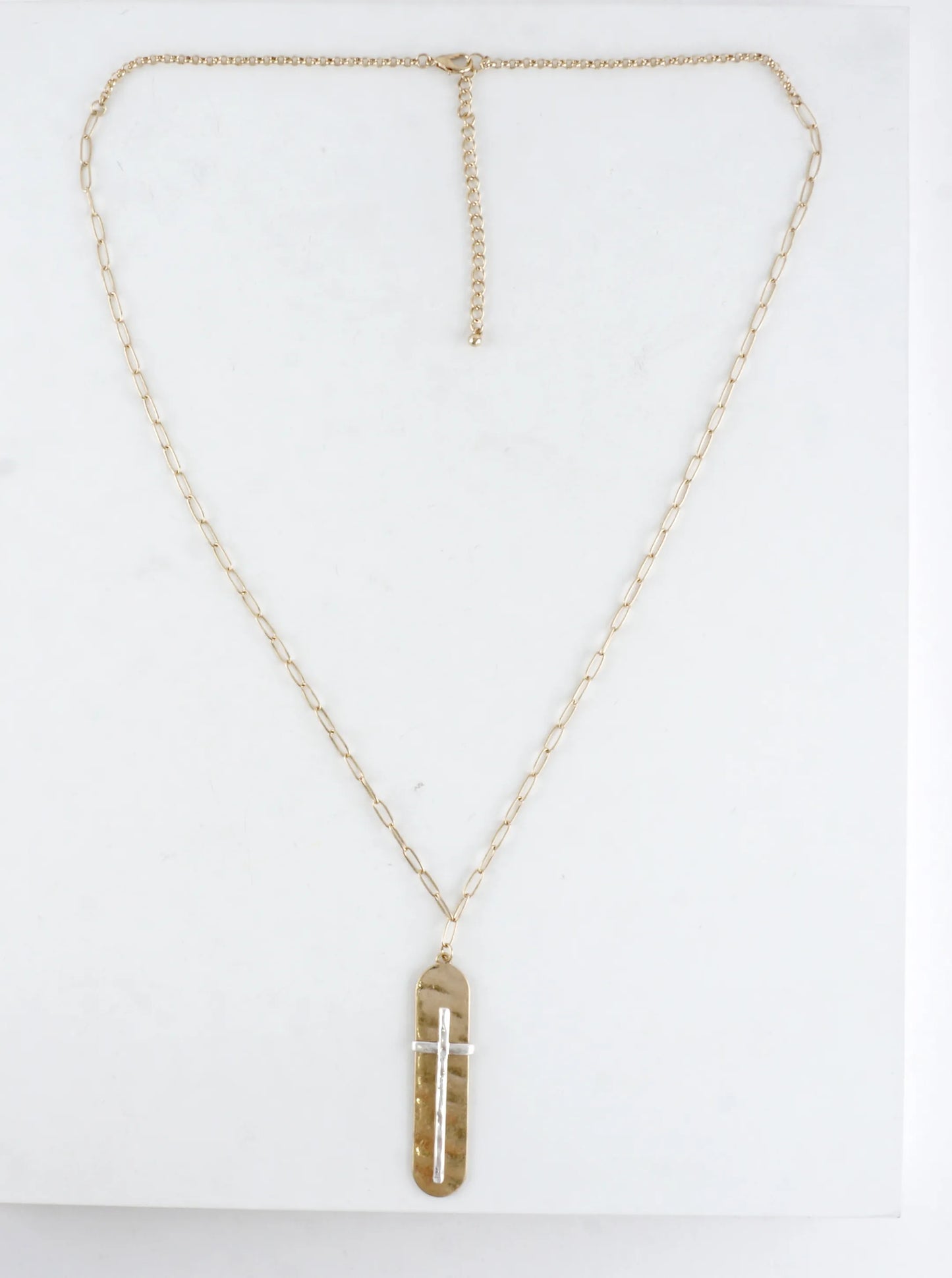 Two-Tone Hammered Cross Bar Pendant Necklace