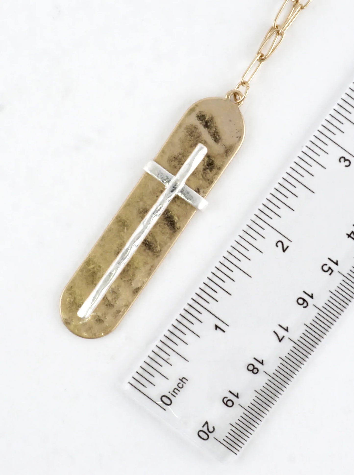 Two-Tone Hammered Cross Bar Pendant Necklace