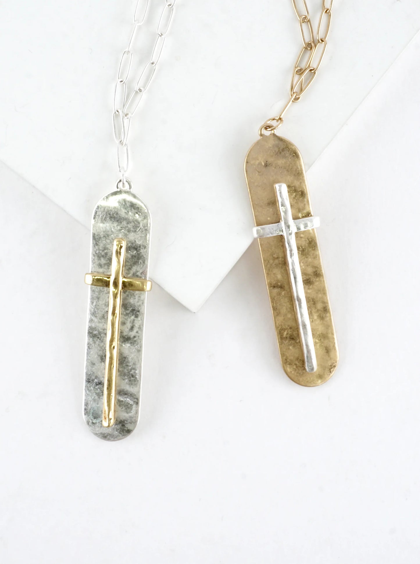 Two-Tone Hammered Cross Bar Pendant Necklace