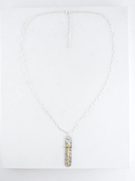Two-Tone Hammered Cross Bar Pendant Necklace