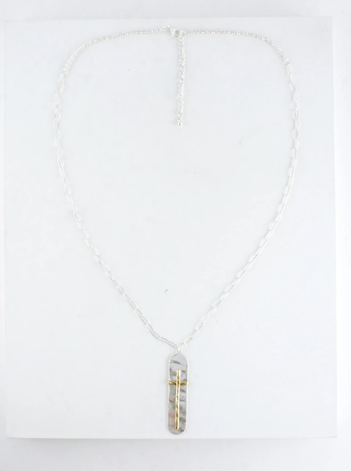 Two-Tone Hammered Cross Bar Pendant Necklace