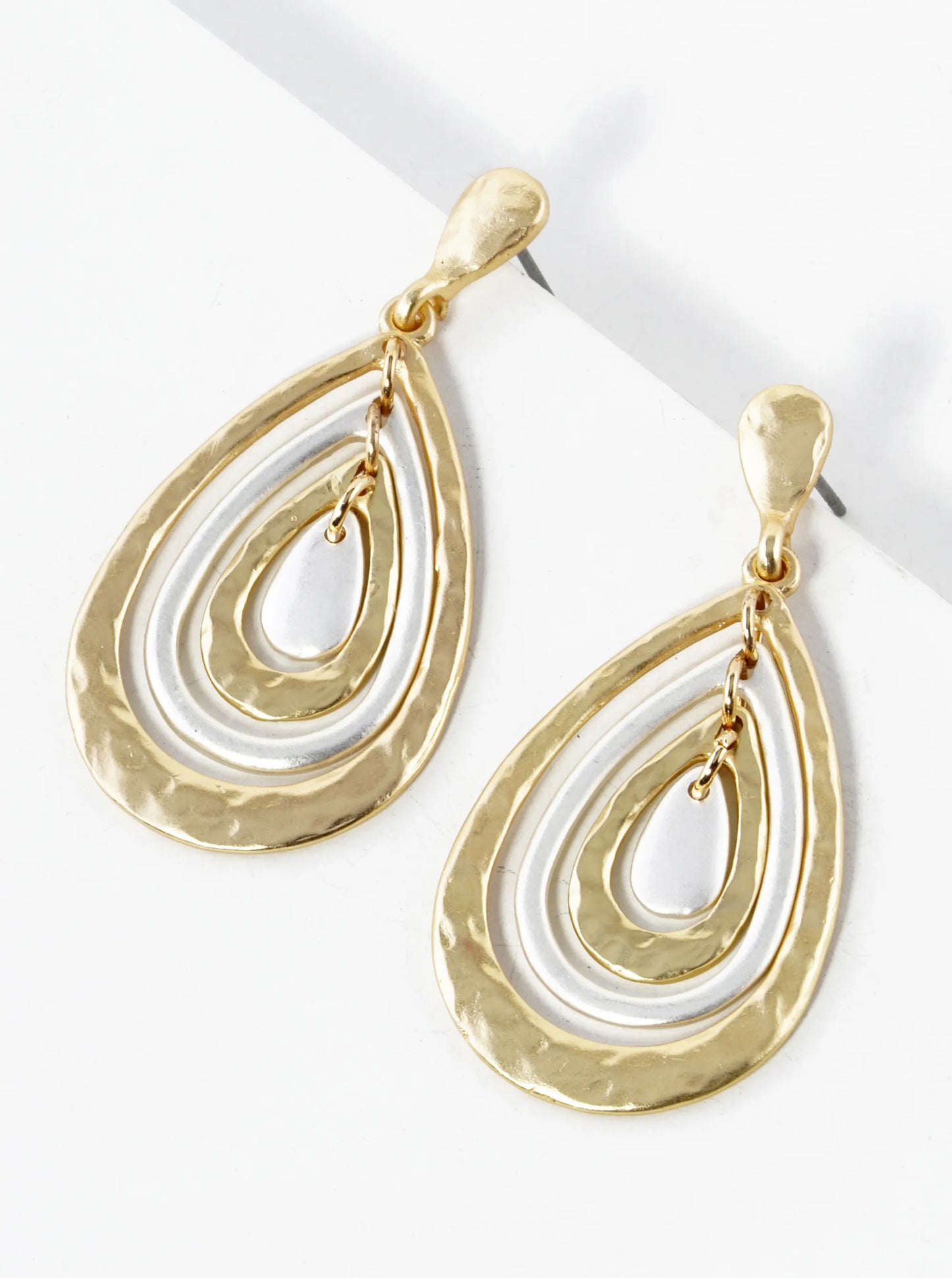 Two-Tone Hammered Metal Concentric Teardrop Dangle Post Earrings