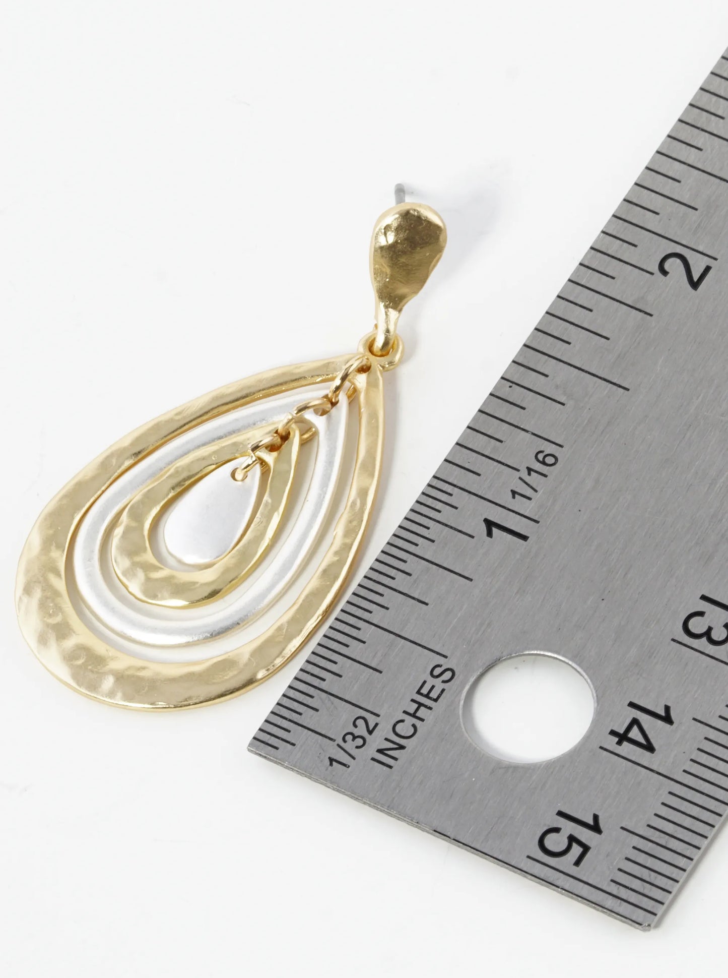 Two-Tone Hammered Metal Concentric Teardrop Dangle Post Earrings