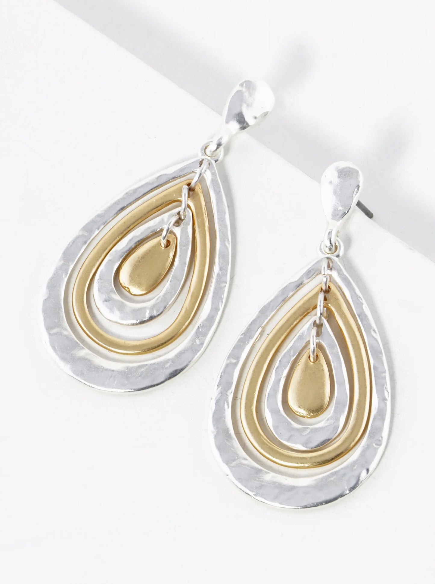 Two-Tone Hammered Metal Concentric Teardrop Dangle Post Earrings
