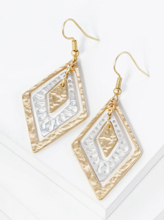 Two-Tone Hammered Metal Rhombus Shape Filigree Dangle Earrings
