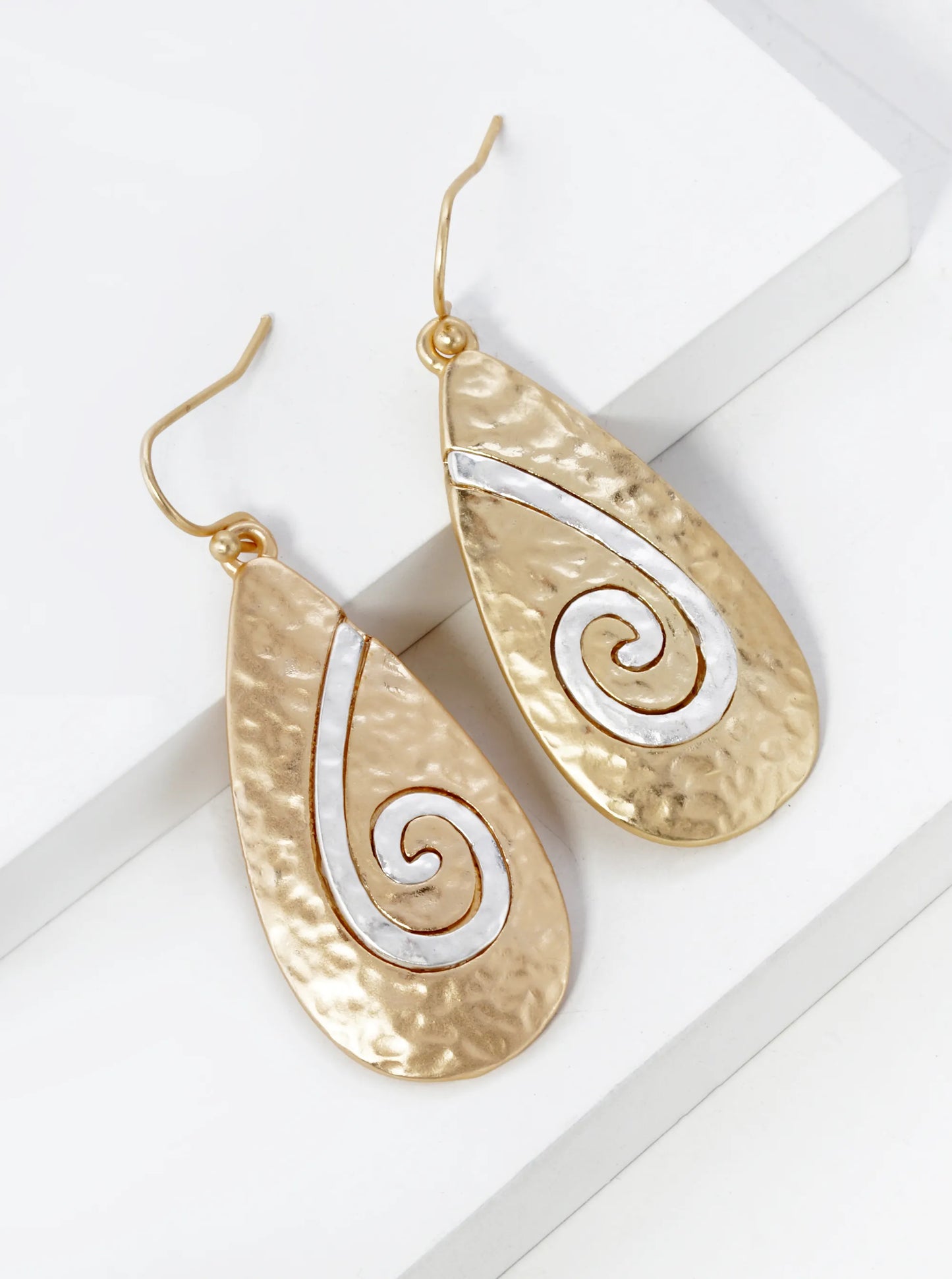 Two-Tone Hammered Metal Spiral Teardrop Dangle Earrings