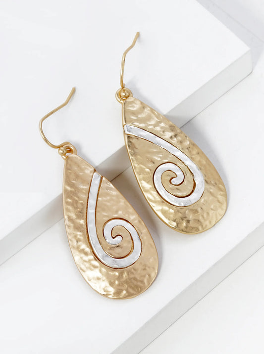 Two-Tone Hammered Metal Spiral Teardrop Dangle Earrings