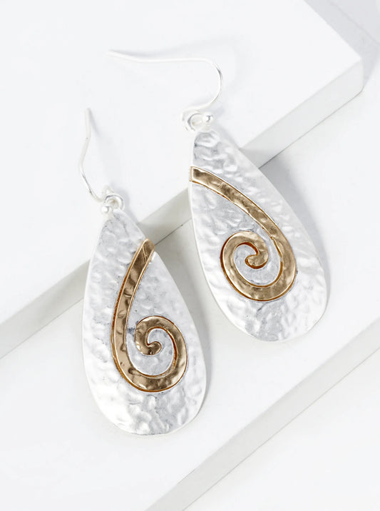 Two-Tone Hammered Metal Spiral Teardrop Dangle Earrings