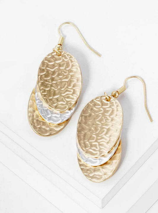 Two-Tone Hammered Metal Three Oval Drop Dangle Earrings