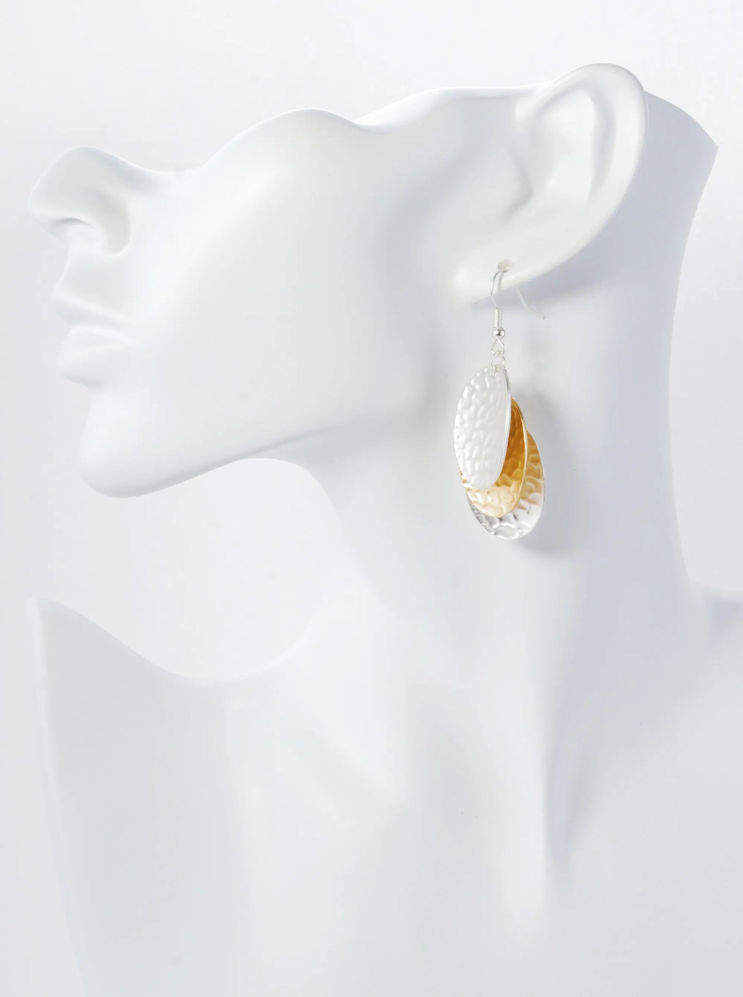 Two-Tone Hammered Metal Three Oval Drop Dangle Earrings
