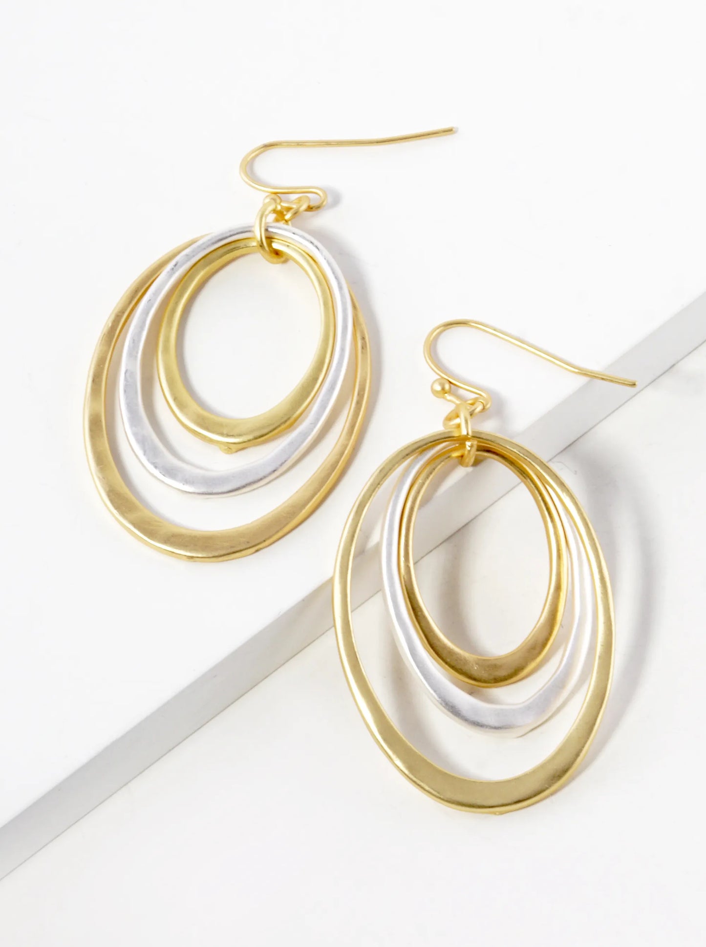 Two-Tone Hammered Metal Tri Oval Drop Dangle Earrings