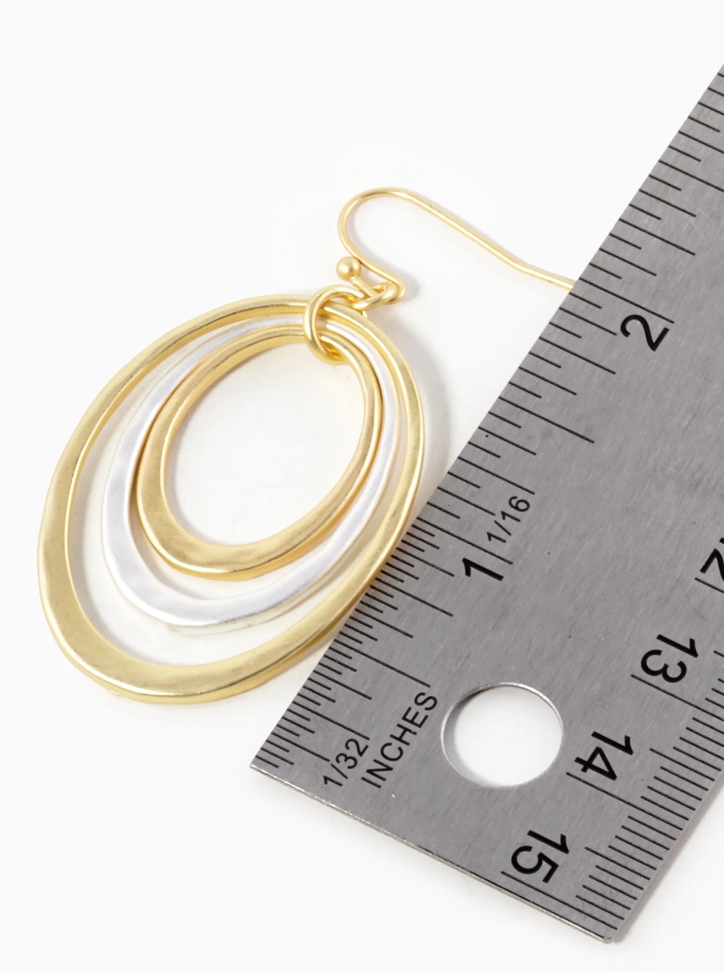 Two-Tone Hammered Metal Tri Oval Drop Dangle Earrings
