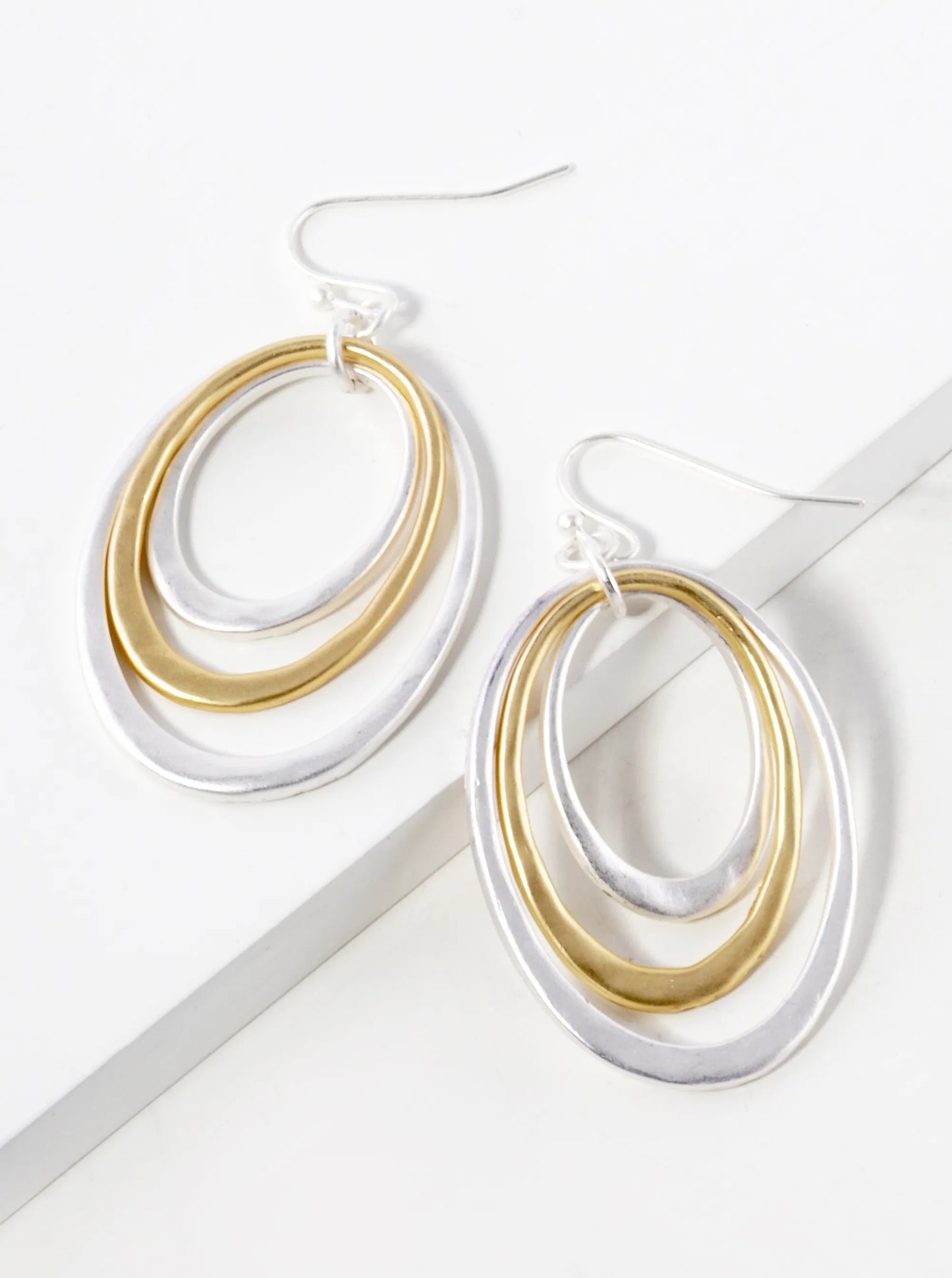 Two-Tone Hammered Metal Tri Oval Drop Dangle Earrings
