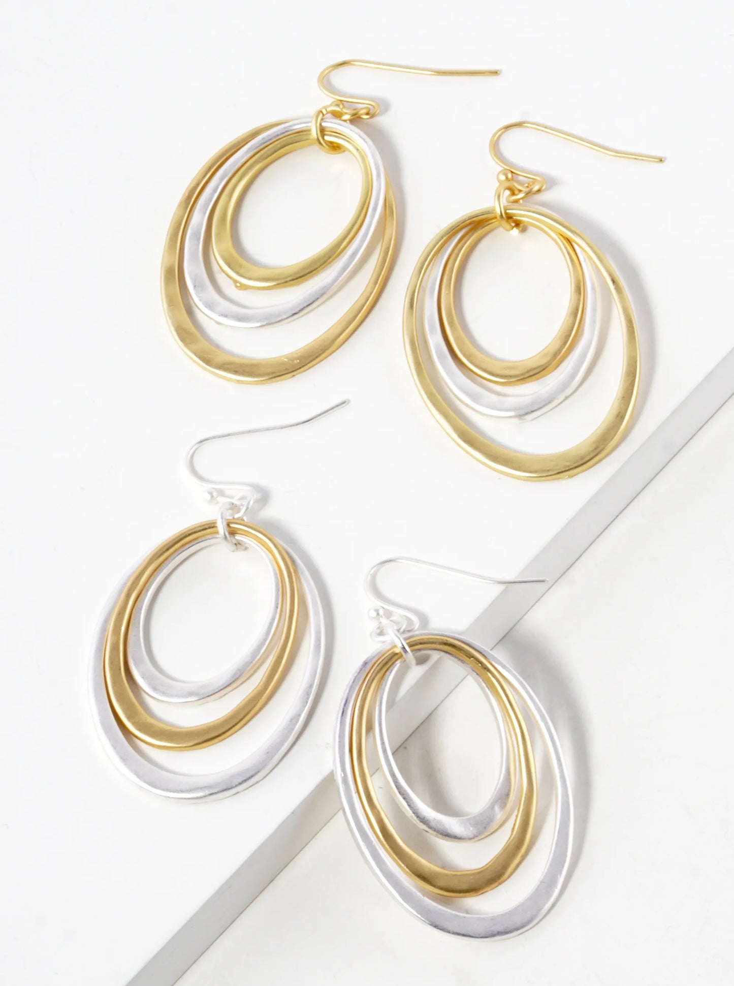 Two-Tone Hammered Metal Tri Oval Drop Dangle Earrings