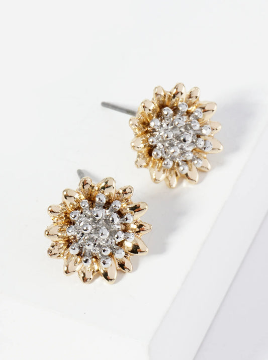 Two-Tone Metal Dainty Flower Stud Earrings