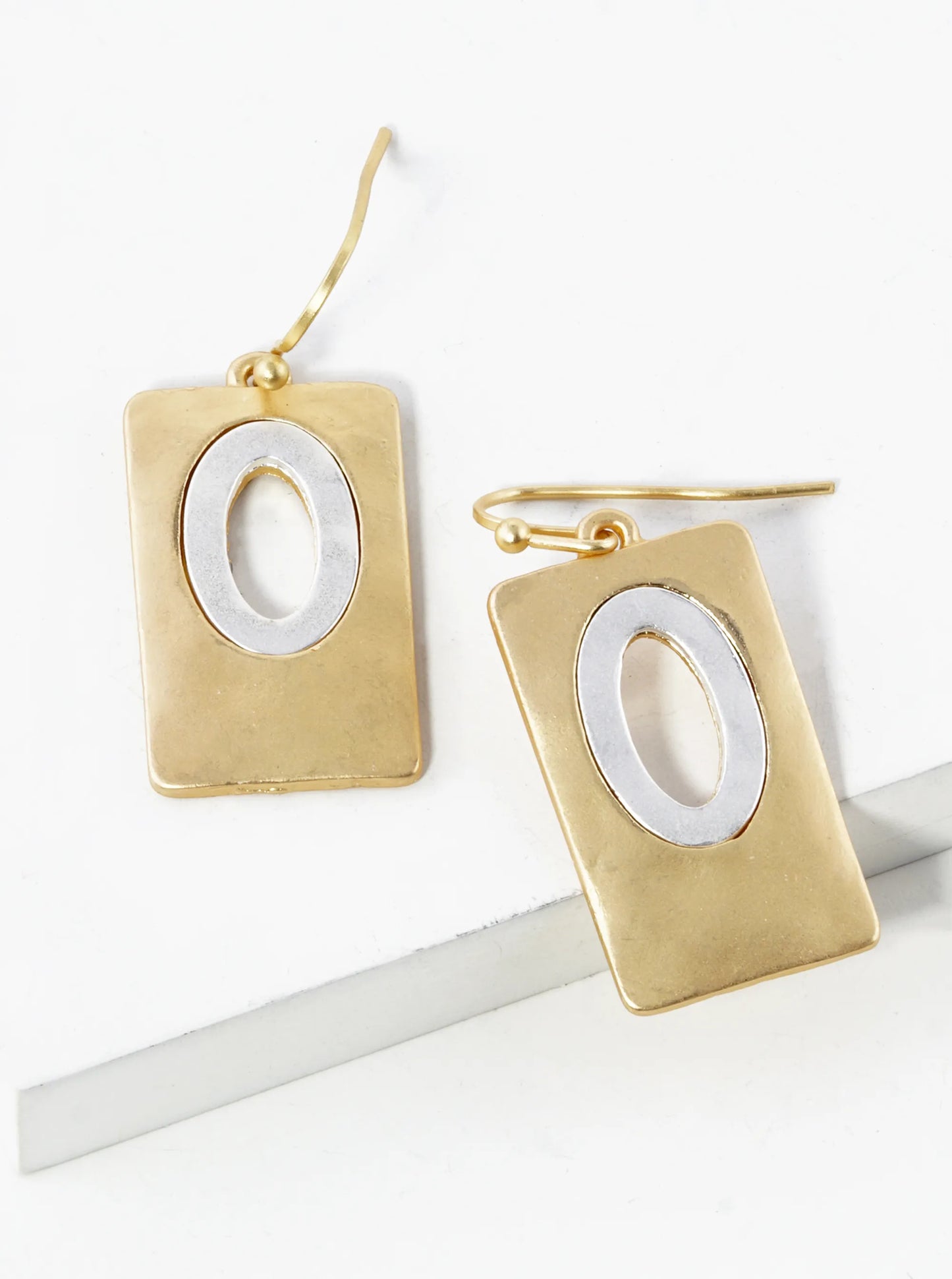 Two-Tone Oval Inside Rectangle Geometric Dangle Drop Earrings