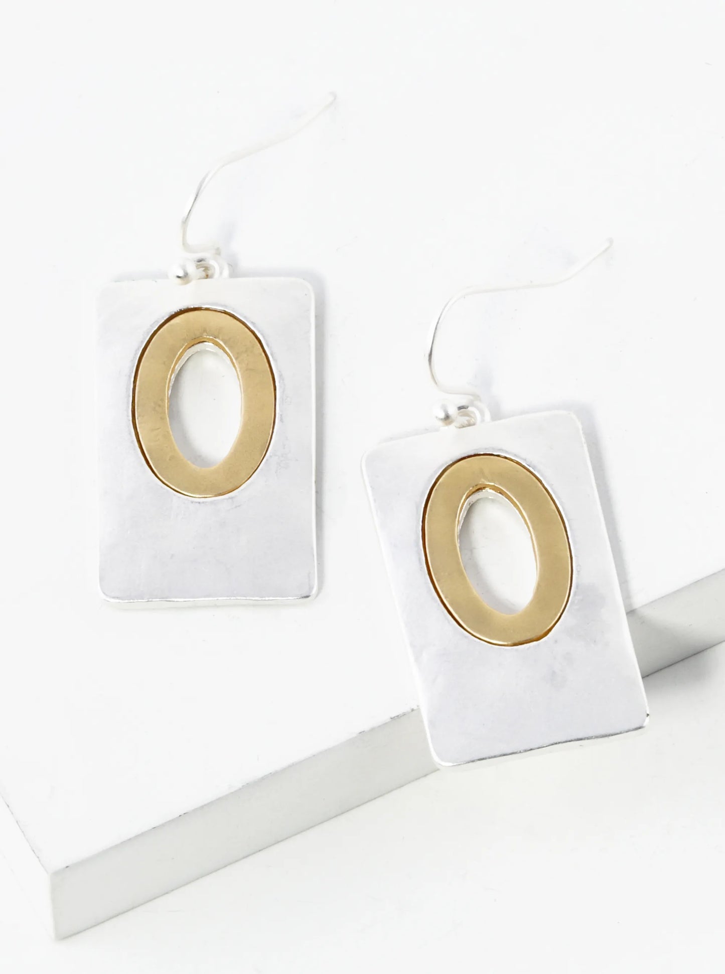 Two-Tone Oval Inside Rectangle Geometric Dangle Drop Earrings
