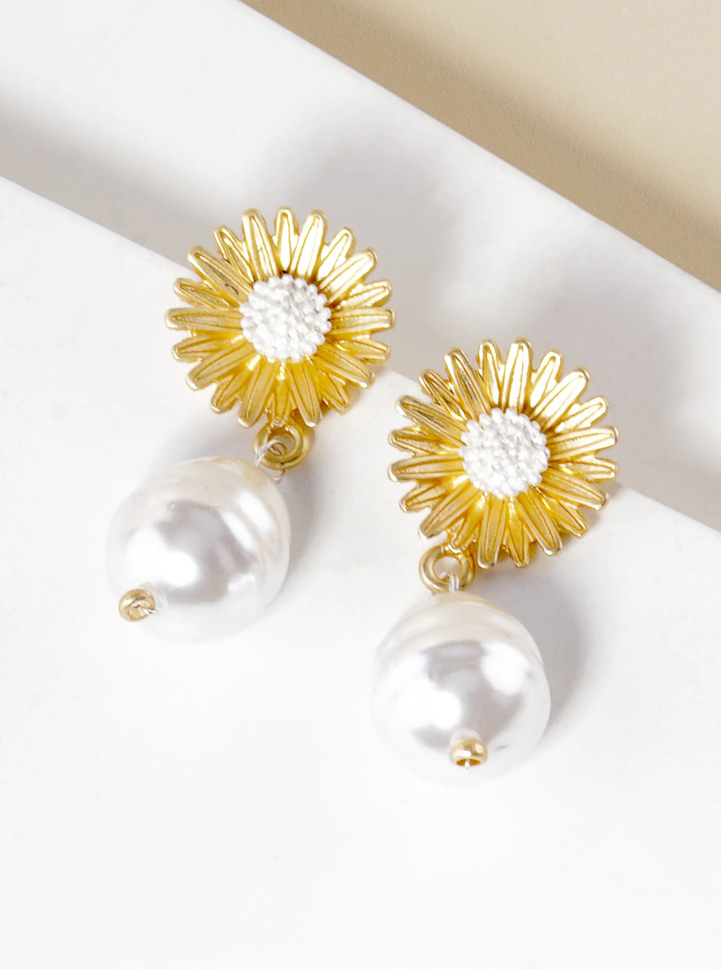 Two-Tone Pearl Drop Flower Dangle Post Earrings