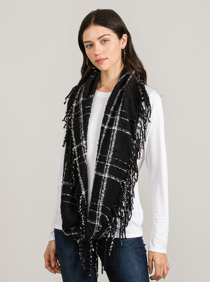 Two-Tone Plaid Fringe Double Loop Infinity Scarf