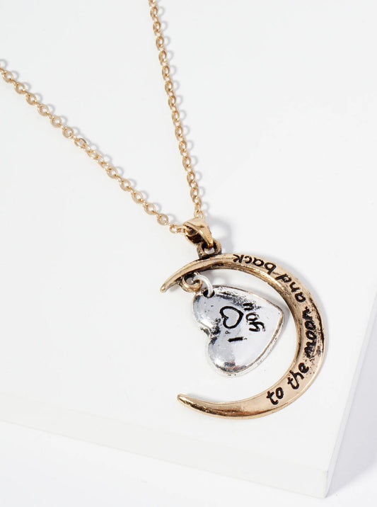 Two-Tone Sentimental Phrase Engraved Heart Embraced Moon Pendant Necklace