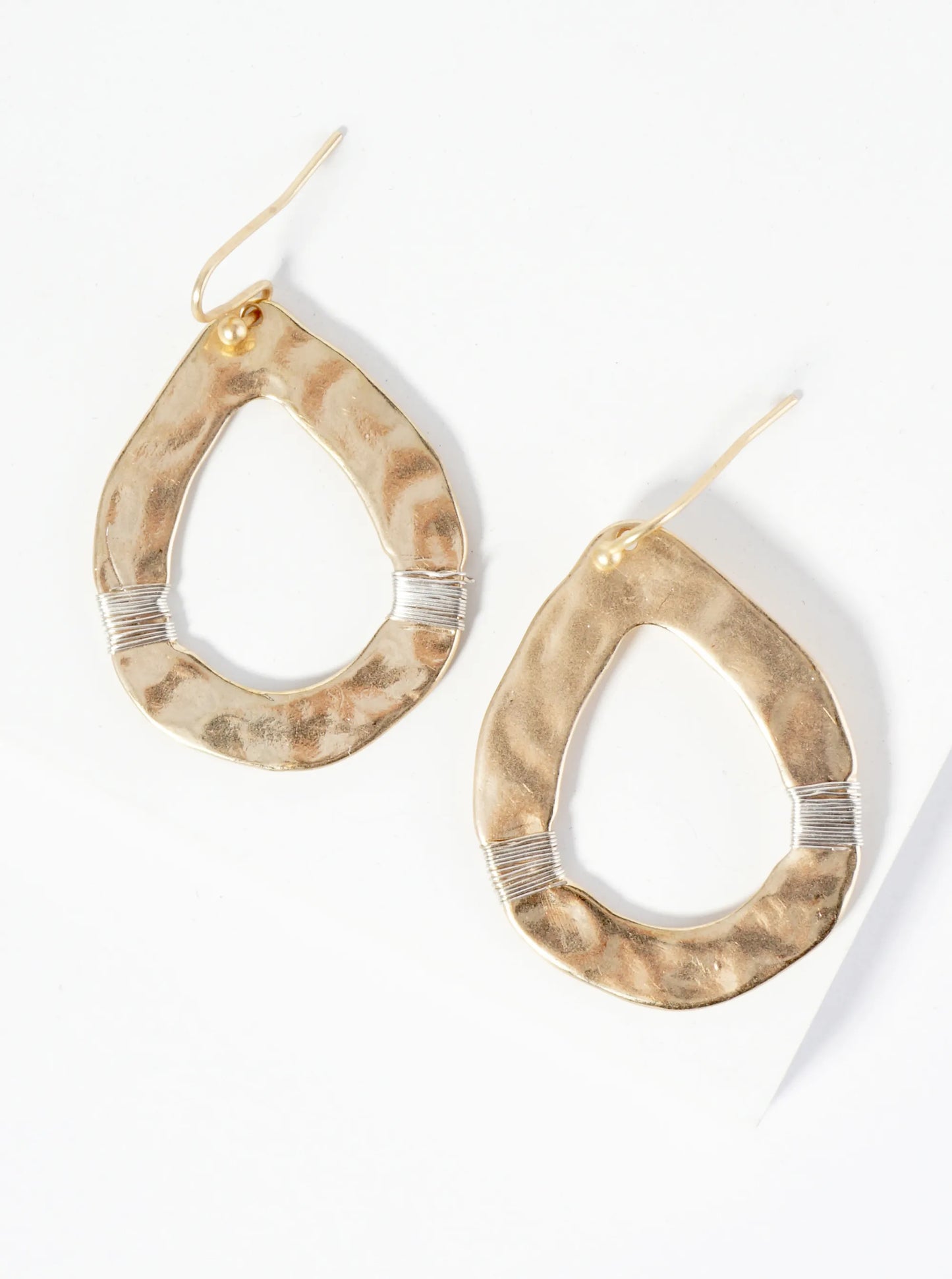 Two-Tone Teardrop Earrings With Hammered Texture And Wire Wraps