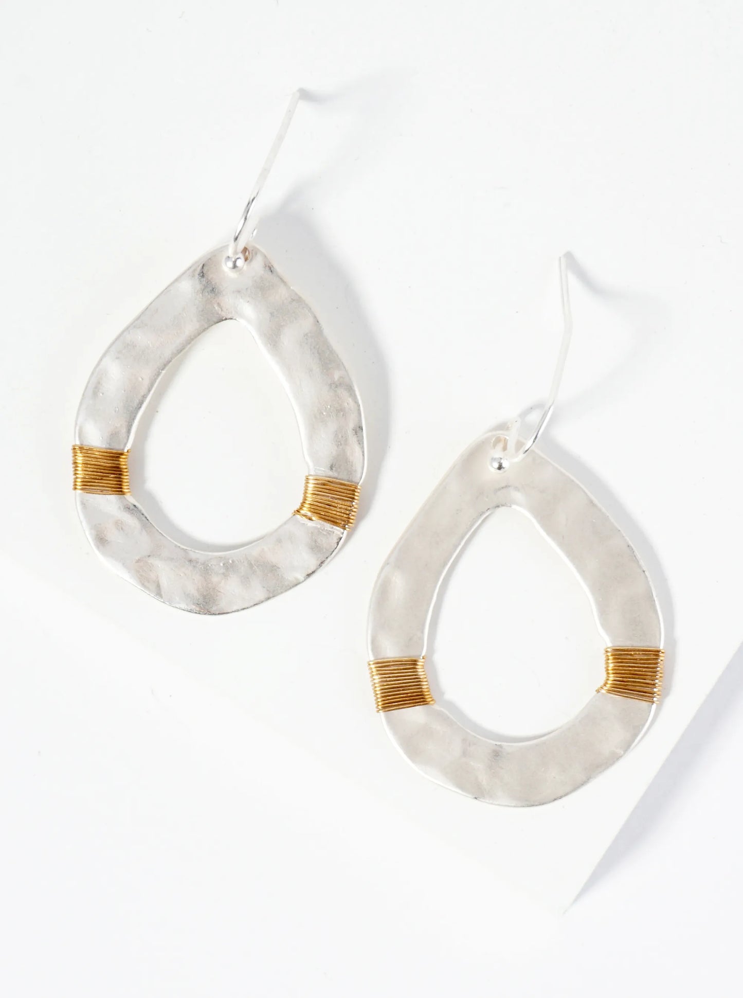 Two-Tone Teardrop Earrings With Hammered Texture And Wire Wraps