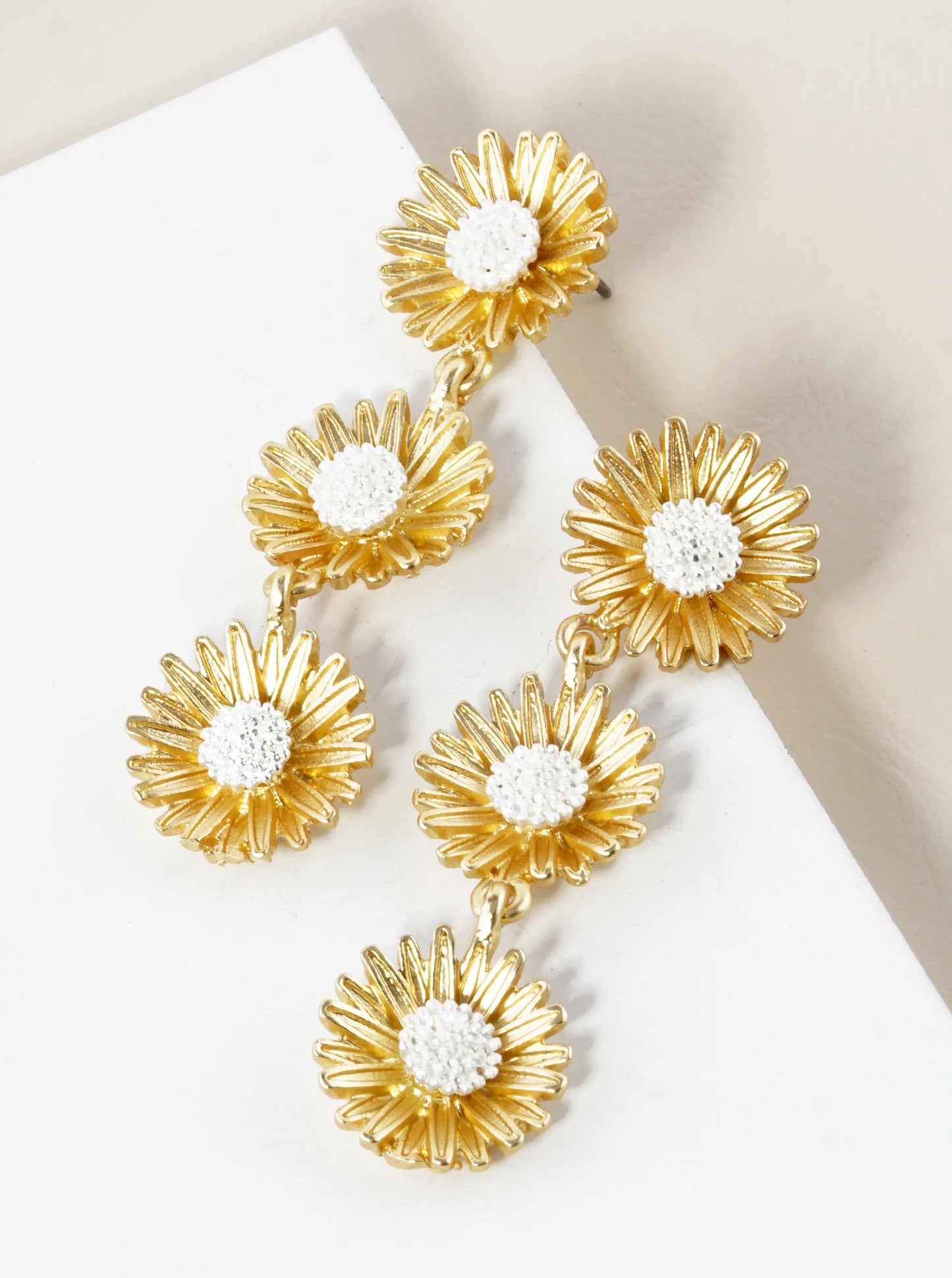 Two-Tone Textured 3 Flower Dangle Drop Earrings