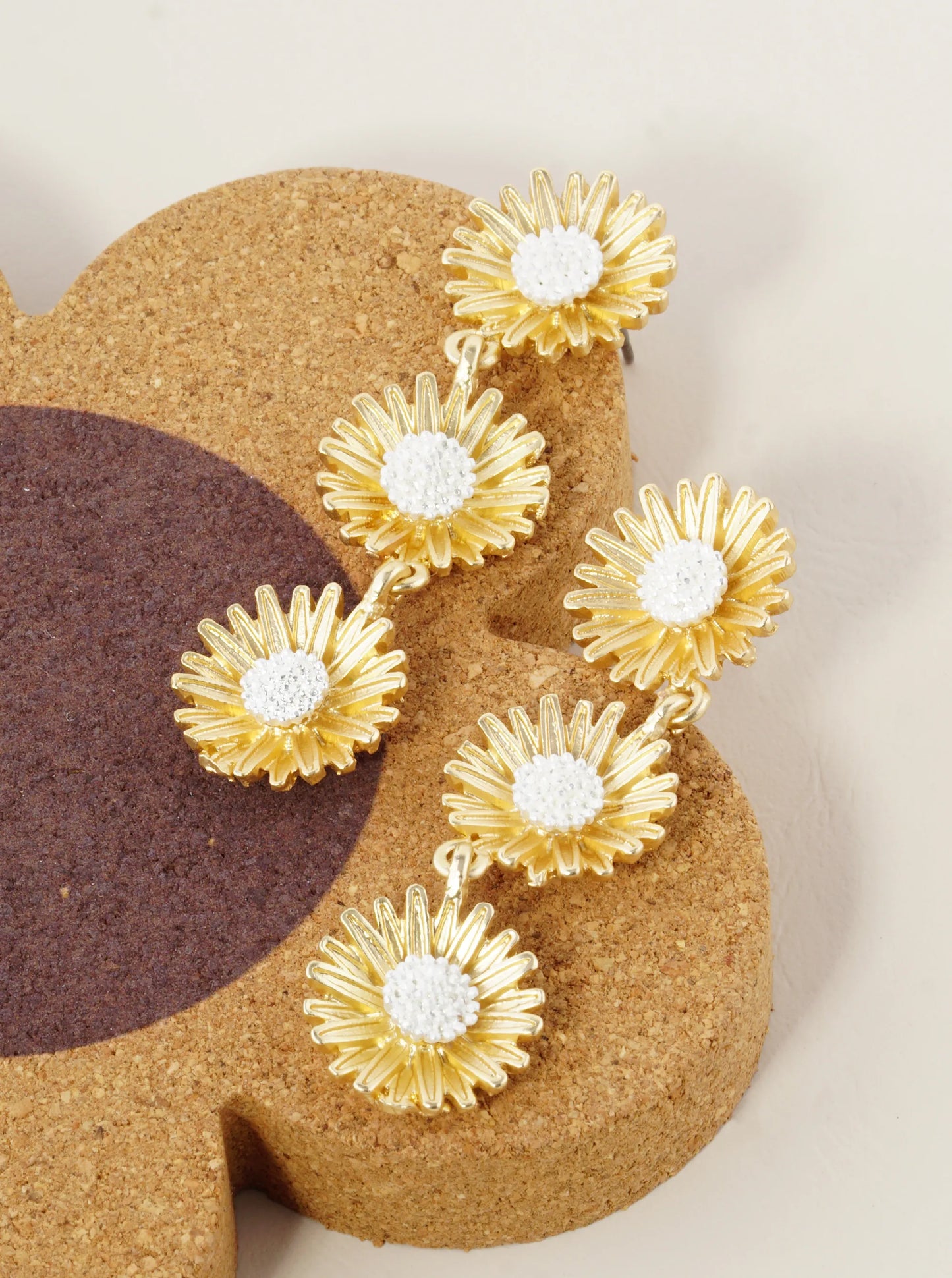 Two-Tone Textured 3 Flower Dangle Drop Earrings
