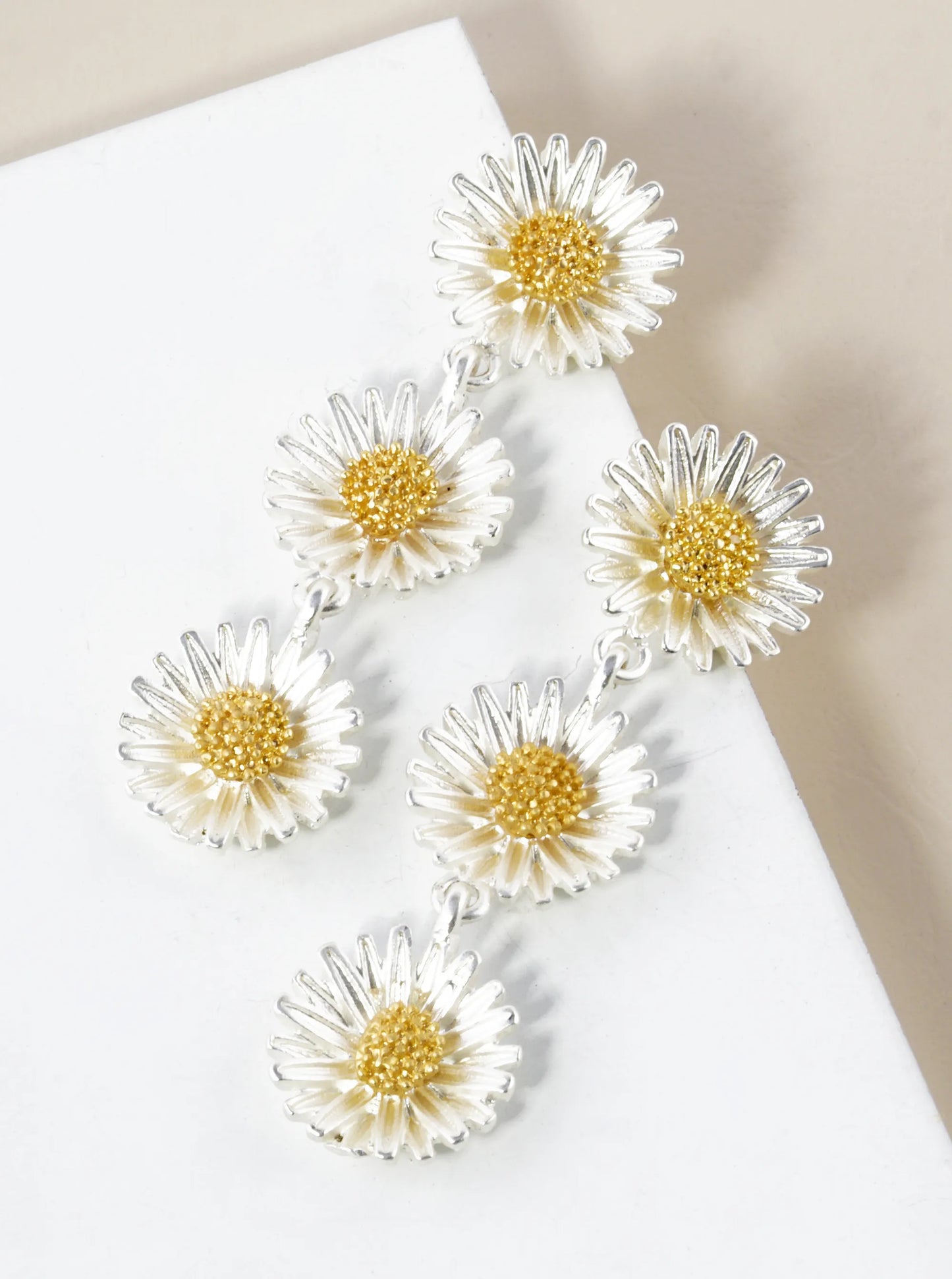 Two-Tone Textured 3 Flower Dangle Drop Earrings