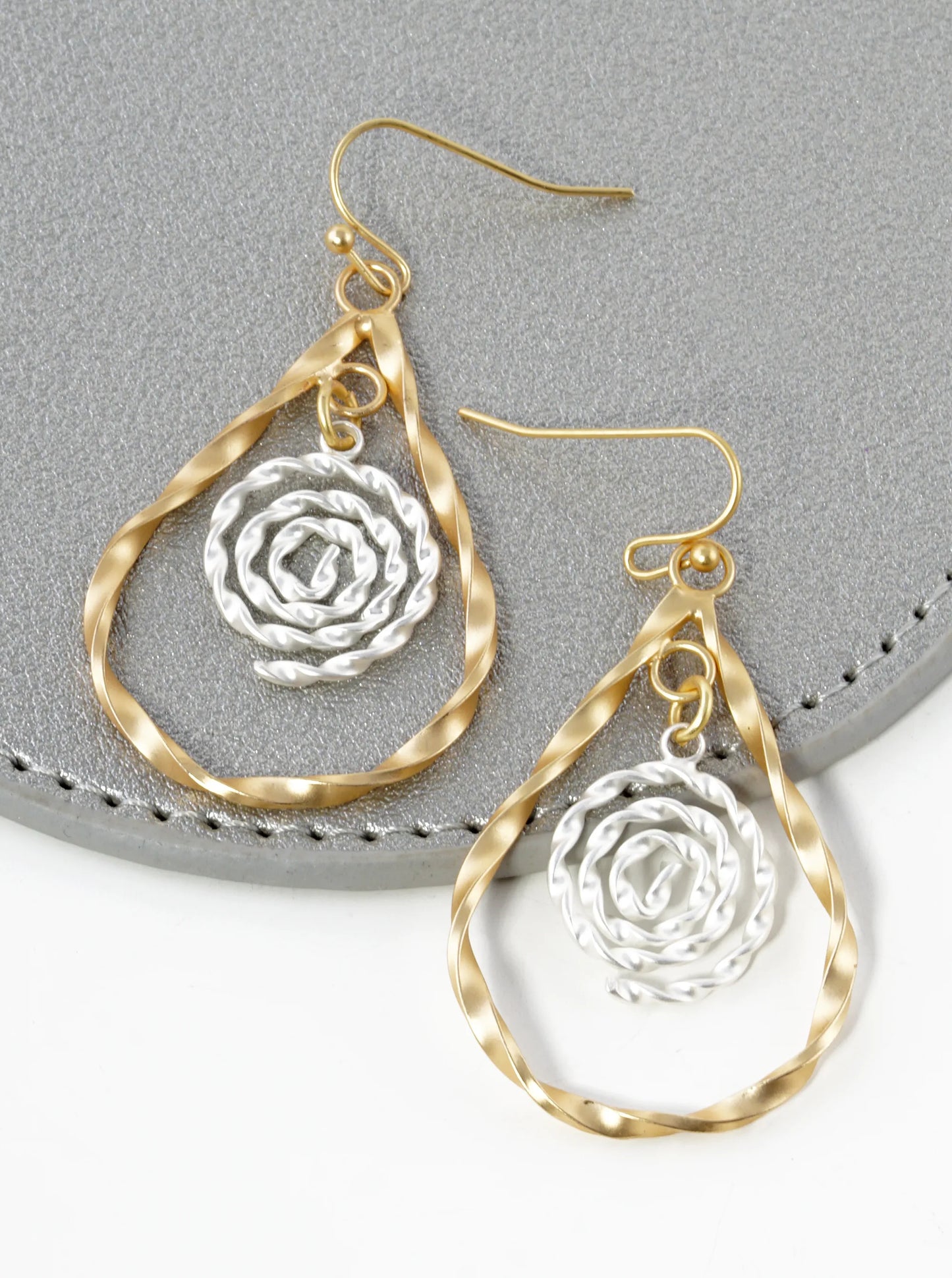 Two-Tone Twisted Spiral Inside Teardrop Dangle Drop Earrings