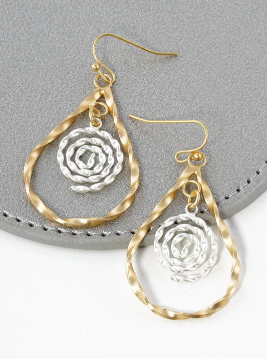 Two-Tone Twisted Spiral Inside Teardrop Dangle Drop Earrings
