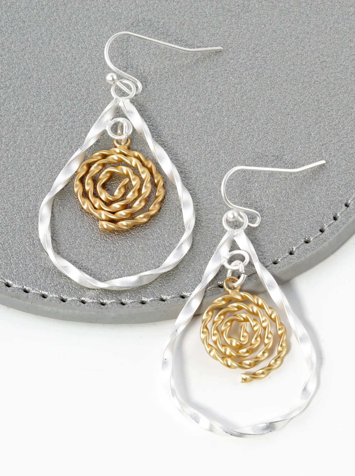 Two-Tone Twisted Spiral Inside Teardrop Dangle Drop Earrings