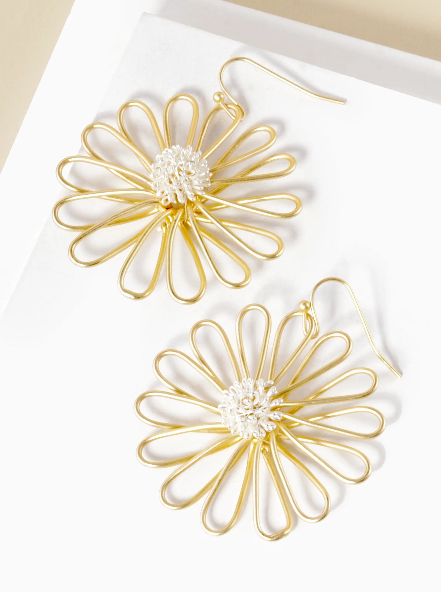 Two-Tone Wire Flower Dangle Drop Earrings