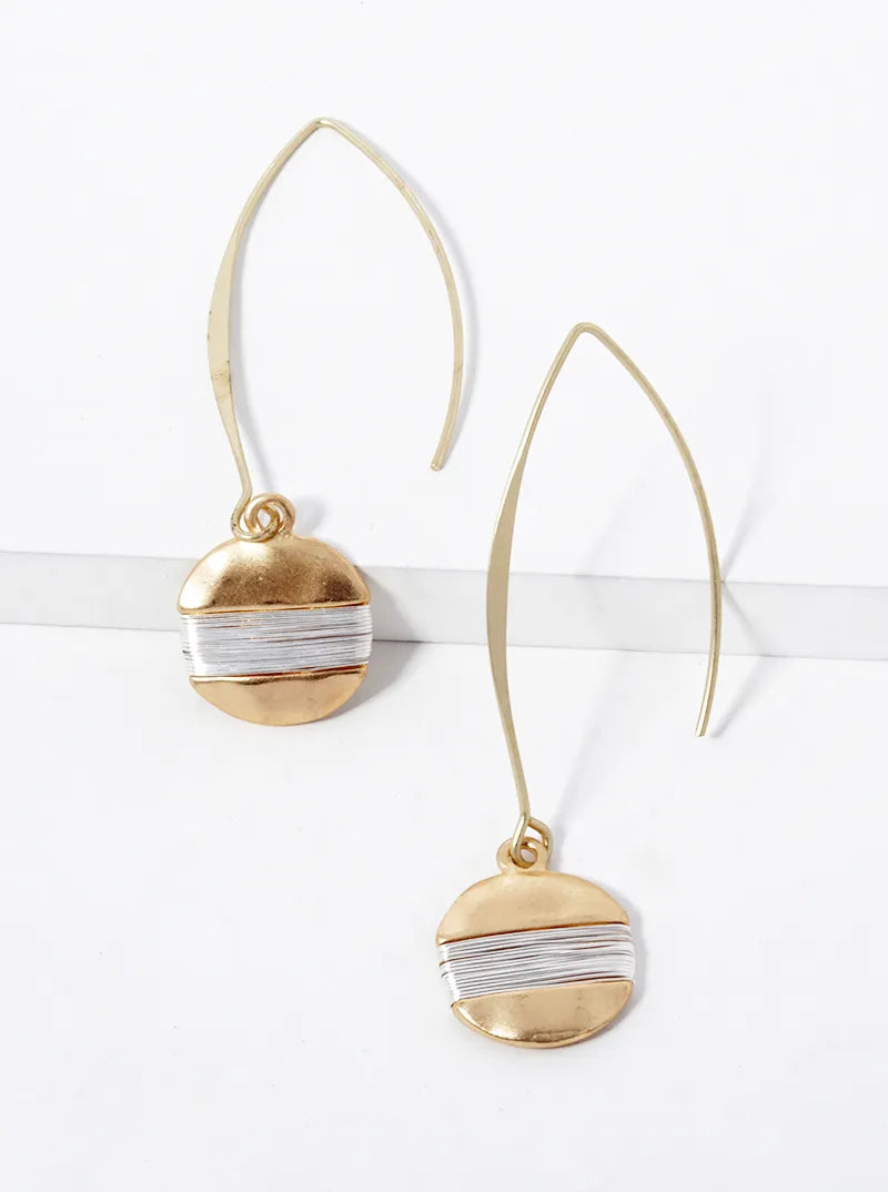 Two-Tone Wire Wrapped Disc Drop Earrings
