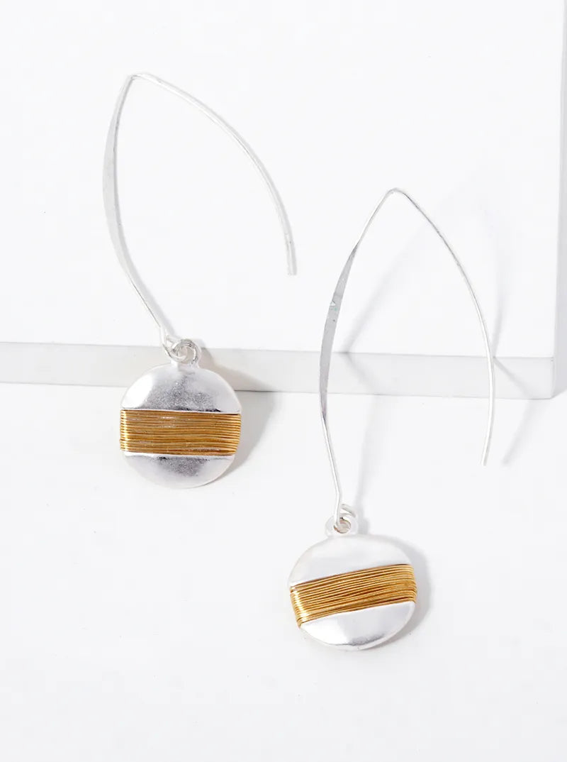Two-Tone Wire Wrapped Disc Drop Earrings