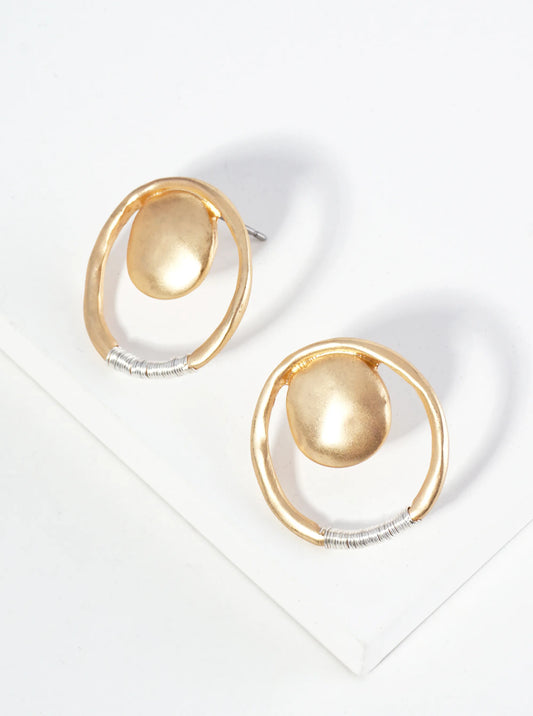 Two-Tone Wire Wrapped Hammered Circle Post Stud Earrings